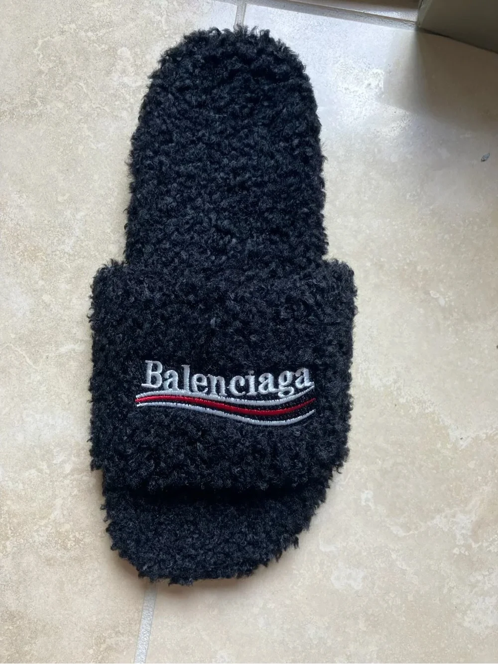 Balenciaga Black Fuzzy Logo Slide Sandals with Red & White Accent
